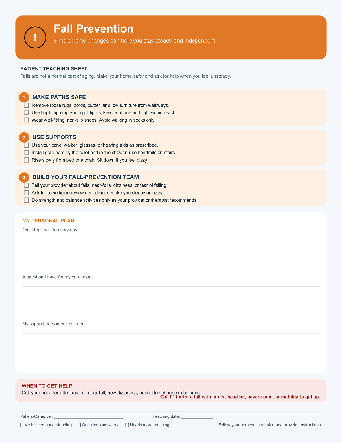 Fall Prevention Teaching Sheet
